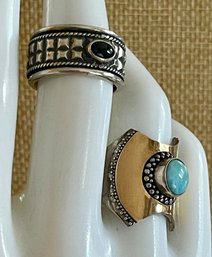 (2) Sterling Silver Rings - Larimar & 18K Heavy Gold Accent &  Spinner Ring Onyx & Hematite - 21.4 Grams