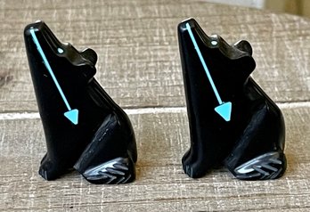 2 Signed Zuni Hand Carved Jet Coyote's With Turquoise Arrow Signed