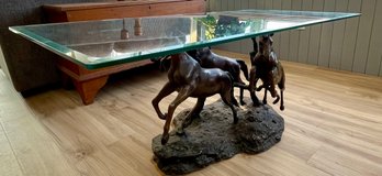 Custom Made Solid Brass Horse Sculpture Glass Top Table