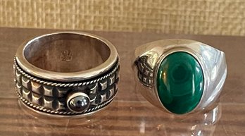 (2) Sterling Silver Rings - Spinner Black Onyx & Hematite And Oval Malachite Cabochon - Weight 16.9 Grams