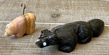 Carved Stone Zuni Fetish Fox With Turquoise Eyes And Carved Bear Pendant