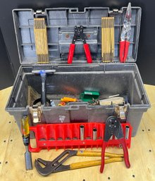 Durabul Hard Plastic Tool Box With Contents - Vintage Wood Measuring Sticks, Pliers, Snips, Chisel And More