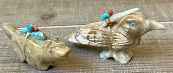 2 Hand Carved Zuni Stack Fetish Animals - Bird & Beaver - Turquoise - Coral - Mother Of Pearl