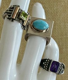 (3) Sterling Silver Rings - Larimar - Faceted Amethyst & Peridot 18K Gold Accents- Size 6 - Weight 20.2 Grams