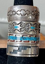 4 Vintage Navajo & Hopi Sterling Silver Inlay & Overlay Rings - Turquoise - Coral - Size 11.25 - 24.8 Grams