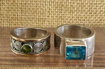 (2) Sterling Silver Rings Large Blue Faceted Topaz & (1) Peridot W 18K Gold Accent - Size 7  Weight 24.6 Gram