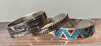 3 Vintage Navajo & Hopi Sterling Silver Band Rings - Size 12 - Total Weight 9.2 Grams