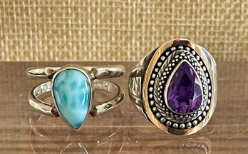 (2) Sterling Silver Rings - Larimar Cabochon And Tear Drop Amethyst W 18K Gold Accent - Weight 13.5 Grams