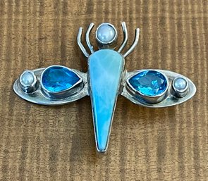 Sterling Silver - Larimar - Opal & Blue Topaz Dragonfly Pin - Handmade - Total Weight 15.1 Grams
