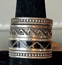 3 Vintage Navajo Sterling Silver Stamp Rings & (1) MOP And Onyx Inlay Sterling Silver Ring - SIze 11-11.5