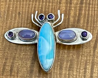 Sterling Silver - Larimar - Chalcedony & Amethyst Dragonfly Pin Handmade - Total Weight - 16.5 Grams
