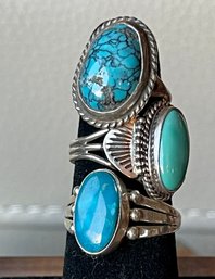 3 Vintage Navajo Sterling Silver & Turquoise - Size 4 - 6 & 7.5 - Total Weight 12.4 Grams