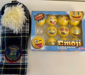 St. Andrews Scotland Old Horse Golf Club Cover, Set Of Emoji Golf Balls With One Missing