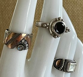 (3) Sterling Silver Rings - Mother Of Pearl - Faceted Garnet &  Moonstone 18K Gold Accent - Weight 15.7 Grams