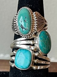 Vintage Navajo Sterling Silver And Turquoise Rings - Size 6 - 8 - 10 - Total Weight 12.3 Grams