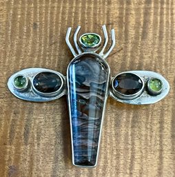 Sterling Silver - Jasper - Smoky Quartz & Peridot Dragonfly Pin - Handmade - Total Weight - 19.1 Grams