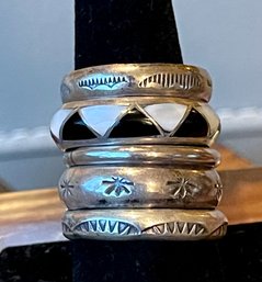 5 Vintage Navajo Sterling Silver And Stamped Rings - 1 Mother Of Pearl & Onyx - All Size 11 - 17.3 Grams Total