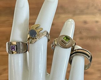 (4) Sterling Silver Rings - Moonstone - Peridot - Amethyst - Band W 18K Gold Accents - Weight 21.5 Grams