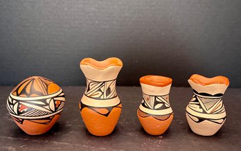 (3) V. M. Toya Jemez NM Signed Pottery Miniature Vases And (1) Seedpot