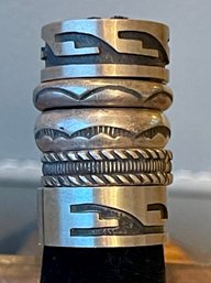 3 Vintage Navajo Stamped Sterling Silver Rings & 2 Hopi Sterling Silver Overlay Rings - Size 7.75 - 22.1 Grams