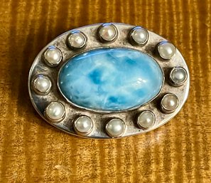 Lovely Sterling Silver - Larimar & Pearl Pin W Sterling Silver Pendant Adapter Handmade - Total Weight 24.9