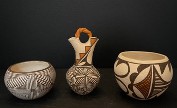 (3) P. Leno, G. Leno, And Leno Acoma Signed Pottery  - Wedding Vase And (2) Pots