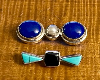 2 Sterling Silver Pins - (1) Blue Lapis & Pearl & (1) Turquoise & Onyx (as Is) Handmade- Total Weight 16 Grams