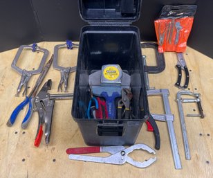 Hard Plastic Box With Assorted Hand Tools And Clamps