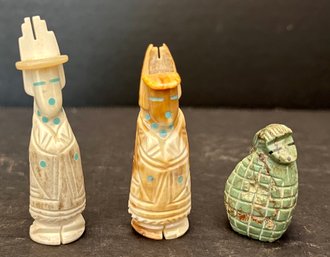 (3) Zuni Elton Kaamasee Hand Carved Corn Maiden Fetishes - Turquoise And Antler