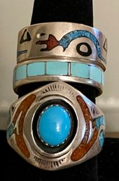 Vintage Native American Rings - T. J. W. Inlay Ring - Turquoise Inlay Ring & Turquoise & Coral Inlay Ring