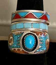 Vintage Native American Sterling Silver And Turquoise Rings - T. J. W. - Turquoise & Coral Inlay Size - 11