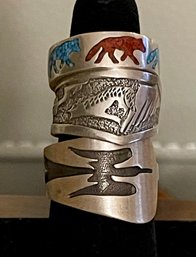 3 Native American Sterling Silver Rings - Peyote Bird Overlay - Wolf Coral & Turquoise - Sterling Coyote