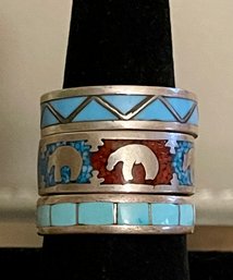 3 Native American Turquoise & Coral Inlay Sterling Silver Rings - Bear Band - Geometric Pattern - Size 10