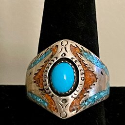 Vintage T. J. W. Native American Turquoise And Inlay Ring Size 13 - Total Weight 13. 1 Grams