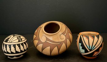 (3) Jemez Signed Pottery Pots - M. Sandia Seed Pot, R. Toya Vase, And Signed Jar