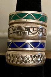 4 Vintage Navajo Sterling Silver Stamped & Inlay Rings - Blue Lapis & Malachite Sizes 10-10.5 - 13.4 Grams