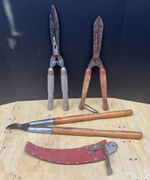 Vintage Seymour Smith Pruning Saw Blade With Leather Sheath, (2) Pairs Of Shears, And Pruner