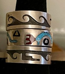 2 Zuni Sterling Silver Overlay Rings & (1) Turquoise, Coral And Black Onyx Inlay Ring - Size 11 - 16.2 Grams