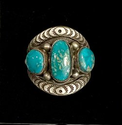 Vintage Navajo Calvin Martinez Sterling Silver & Turquoise Ring Size 7.5 - Total Weight 11.5 Grams