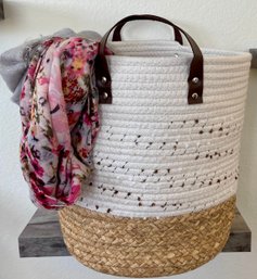 Cotton And Wicker Woven Basket With 2 Scarves