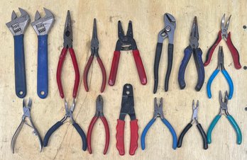 Lot Of Adjustable Wrenches, Pliers, Snips, Needlenose Pliers, And More