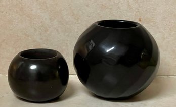(2) Miniature Blackware Signed Pottery Pots - Denny Gutierrez Santa Clara And Mary Santa Clara