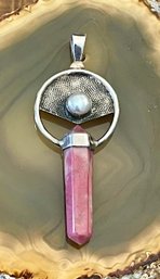 Sterling Silver - Rhodochrosite Crystal & Pearl Pendant Handmade - Total Weight 11.5 Grams