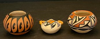 (3) Miniature Pottery - Cris Acoma Handled Water Jug, R N Toys Pot, Sandia Jemez Pot
