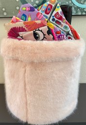 Pink Faux Fur Basket With Makeup And Travels Bags