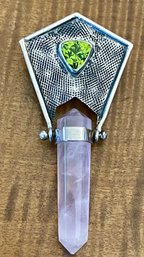 Sterling Silver - Rose Quartz Crystal And Peridot Pendant - Handmade - Total Weight 9.2 Grams