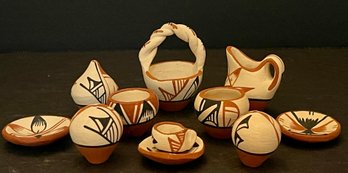 Hand Painted Miniature Signed PC Jemez Pueblo Pottery - Pitcher, Basket, Bowls, Seedpots, Cups, And Plates