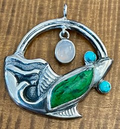 Sterling Silver Dolphin Pendant - Maw Sit-Sit - Turquoise & Pink Quartz Pendant - Total Weight 20.1 Grams