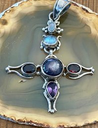 Sterling Silver Star Ruby Sapphire - Garnet - Amethyst - Opal & Rainbow Moonstone Cross Pendant - 20 Grams