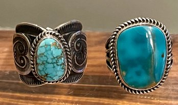 2 Navajo Sterling Silver & Turquoise Rings - 1 Sunshine Reeves Size 5.5 - Second Ring Size 6.5 - Total 19.5 Gr
